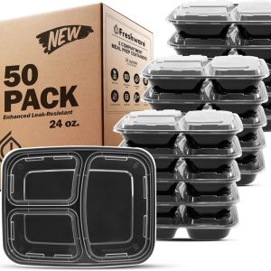 Freshware Meal Prep Containers [50 Pack] 3 Compartment Food Storage Containers with Lids, Bento Box, BPA Free, Stackable, Microwave/Dishwasher/Freezer Safe (24 oz)