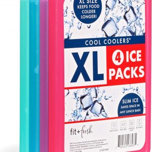 Cool Coolers by Fit & Fresh 4 Pack XL Slim Ice Packs, Quick Freeze Space Saving Reusable Ice Packs for Lunch Boxes or Coolers, Multi