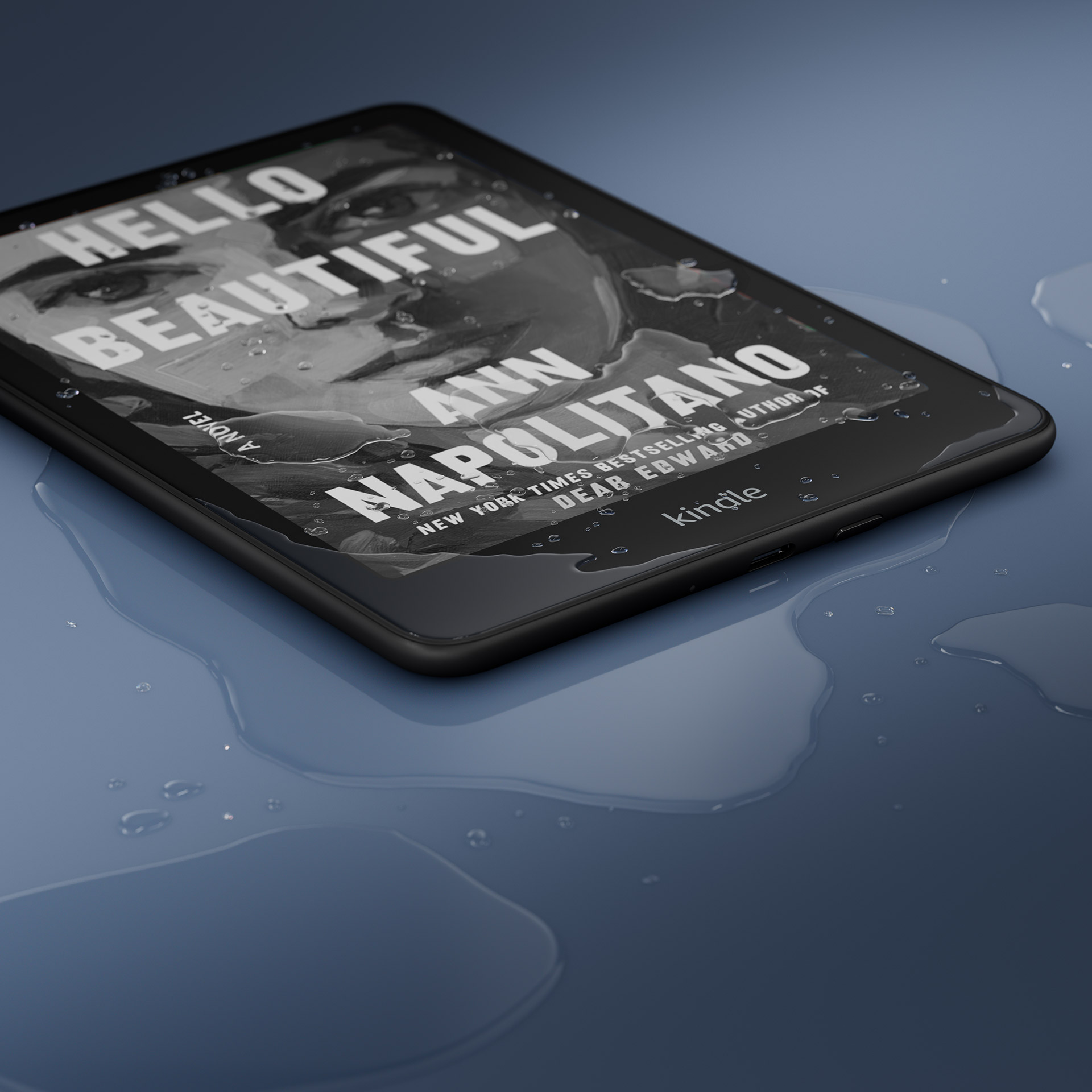 Thin profile view of Kindle Paperwhite. Water droplets in the shape of butterflies float around the device.