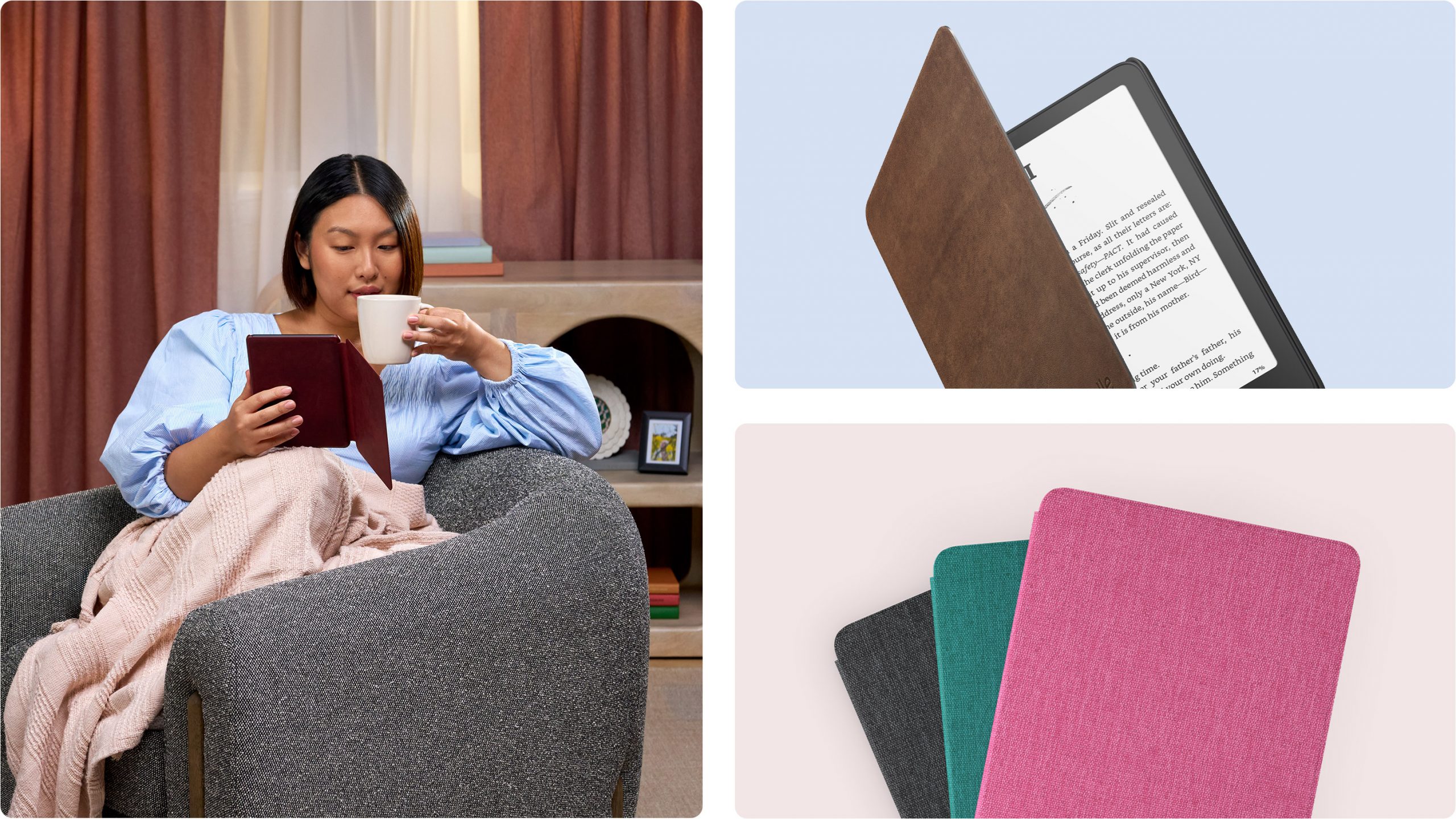 Three images featuring Kindle Paperwhite covers and accessories, including: woman on couch using device with pink cover, Kindle Paperwhite in a leather cover, and three stacked covers in pink, green, and black.