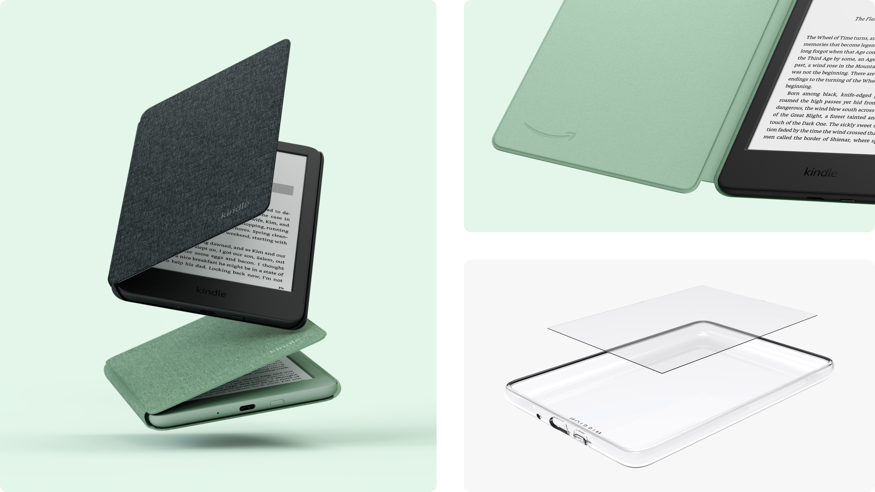 Collage of 3 images: Black and Match Kindle covers; close of a Matcha cover showing an Amazon smile on the inside; a transparent protection case and screen protector.